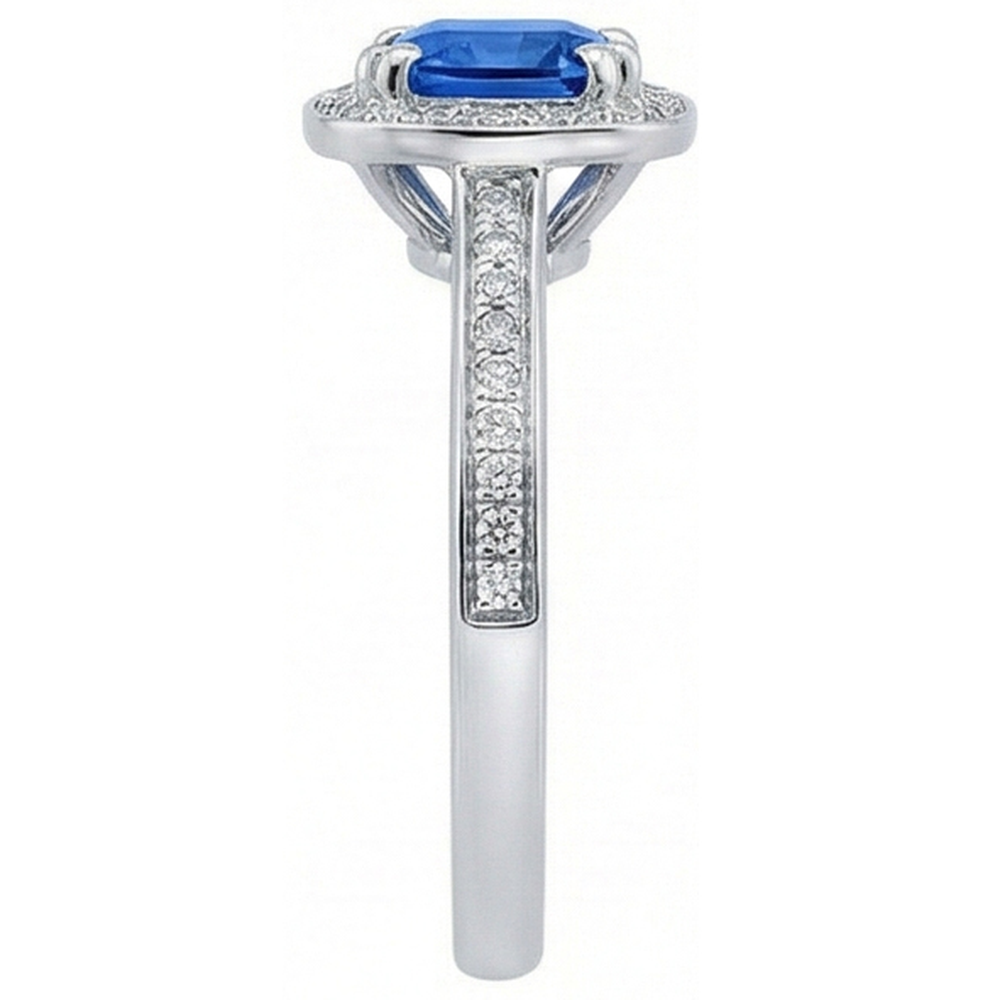 anello di fidanzamento con diamanti tondi zaffiro blu Ceylon da 3,35 carati in oro bianco 14K