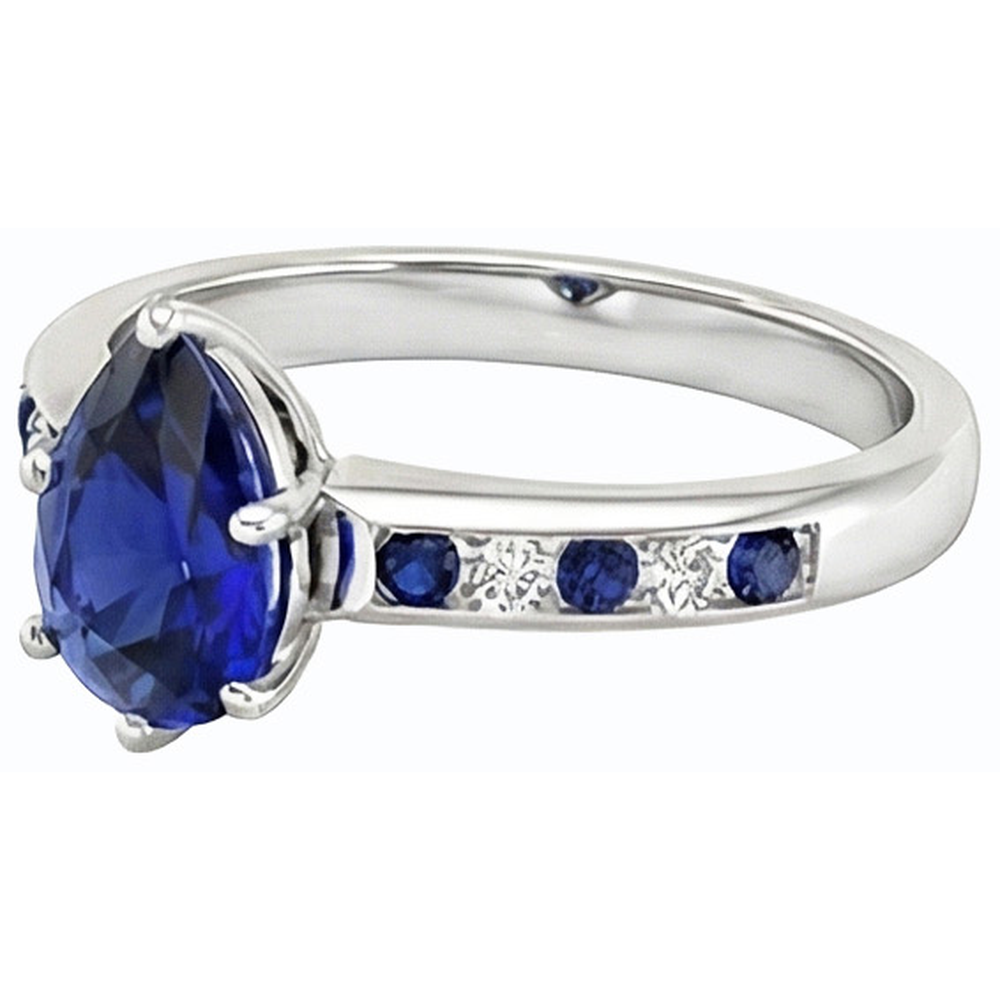 anello di fidanzamento con zaffiri blu 2 carati e diamanti Pear in oro bianco 14K