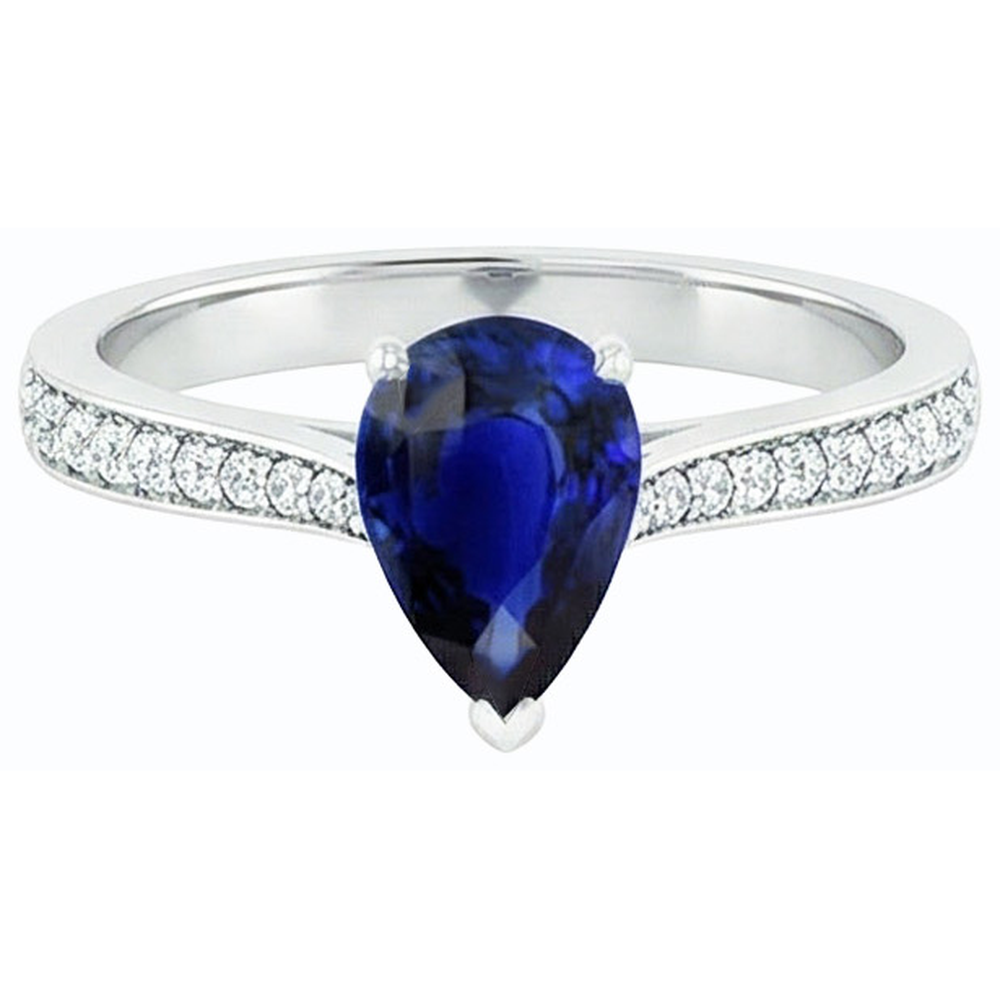 anello di fidanzamento con zaffiro pera dello Sri Lanka 3 carati e accenti di diamanti in oro bianco 14K