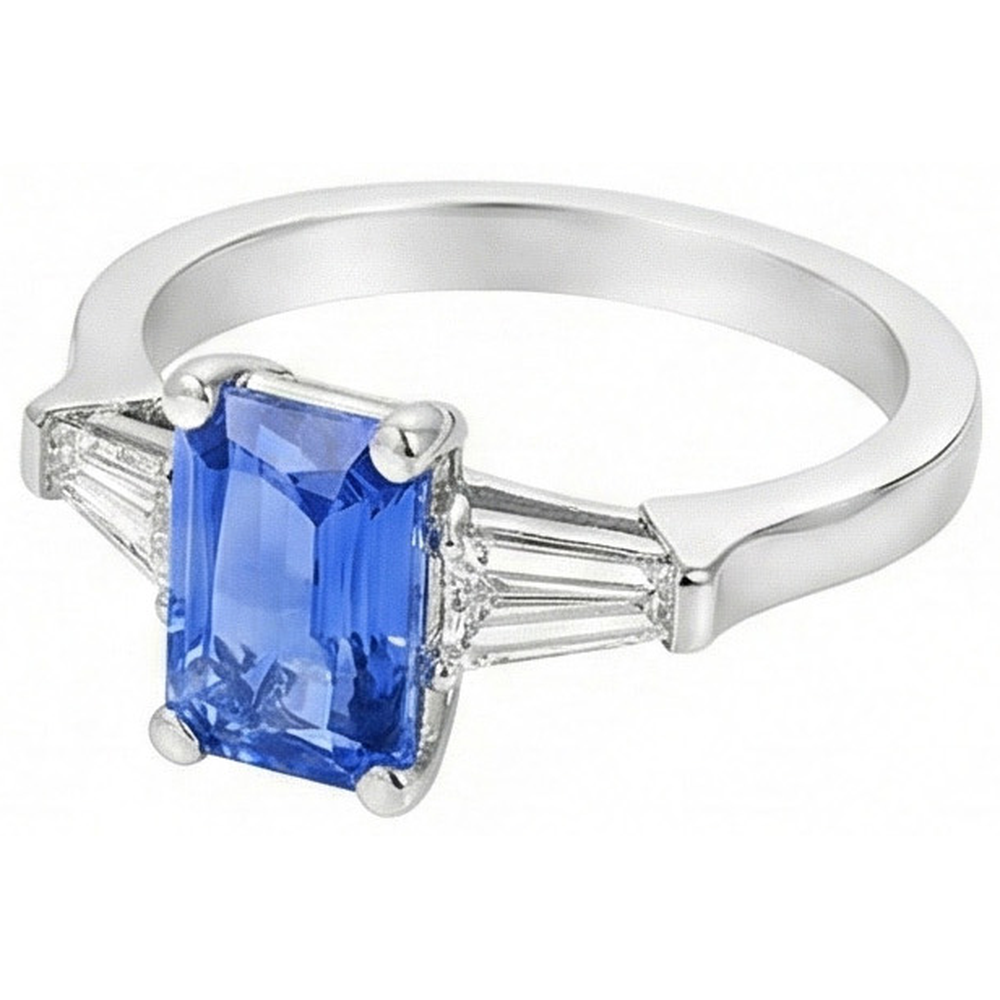 anello gioiello da donna con zaffiro blu 2 carati 3 pietre baguette affusolata in oro bianco 14K