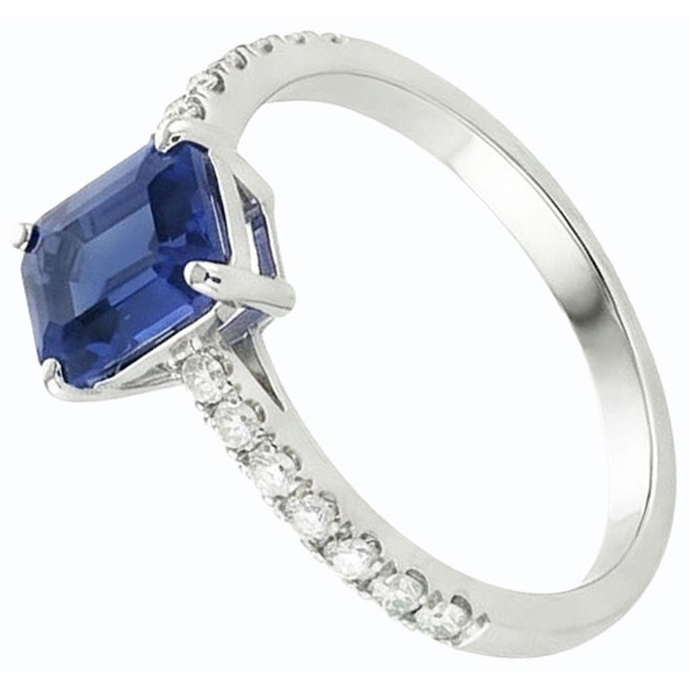 anello solitario smeraldo con zaffiro blu 2,50 carati e pavé di diamanti in oro bianco 14K