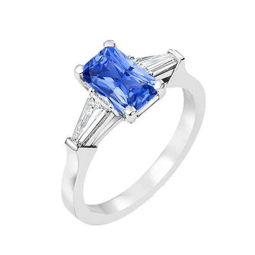 anello gioiello da donna con zaffiro blu 2 carati 3 pietre baguette affusolata in oro bianco 14K
