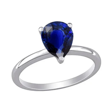 anello solitario a goccia con zaffiro blu a forma di pera da 1,50 carati in oro bianco 14K