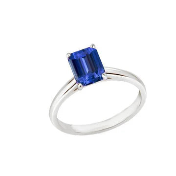 anello solitario con zaffiro blu smeraldo naturale 2 carati set di artigli in oro bianco 14K