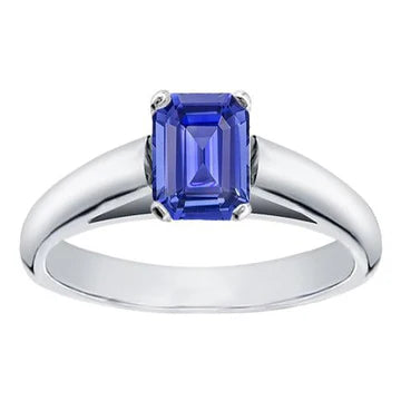 anello solitario con zaffiro di Ceylon taglio smeraldo da 1,50 carati in oro bianco 14k