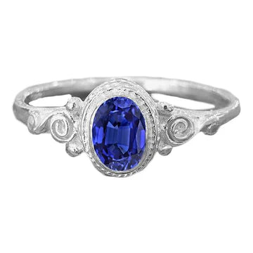 anello solitario in stile antico con zaffiro blu ovale 2 carati in oro bianco 14K