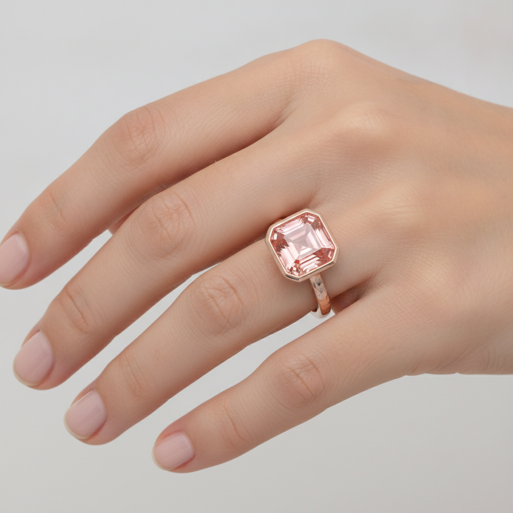 Anello di Fidanzamento Solitario in Oro Rosa con Lunetta, Zaffiro Padparadscha Pesca Naturale da 2,5 Carati Taglio Asscher
