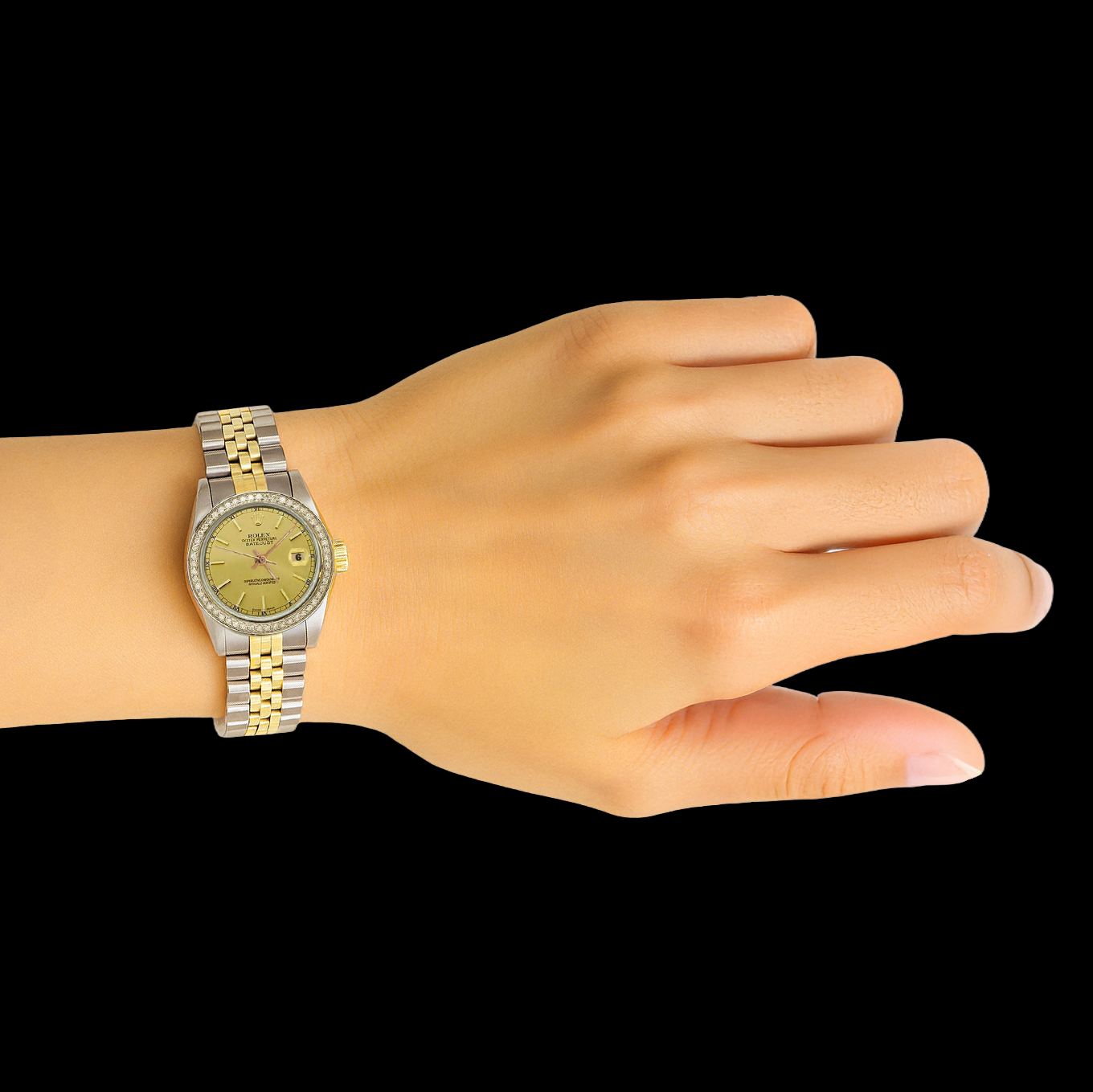 bastone da champagne da donna quadrante Rolex acciaio inossidabile e bracciale giubileo in oro P2