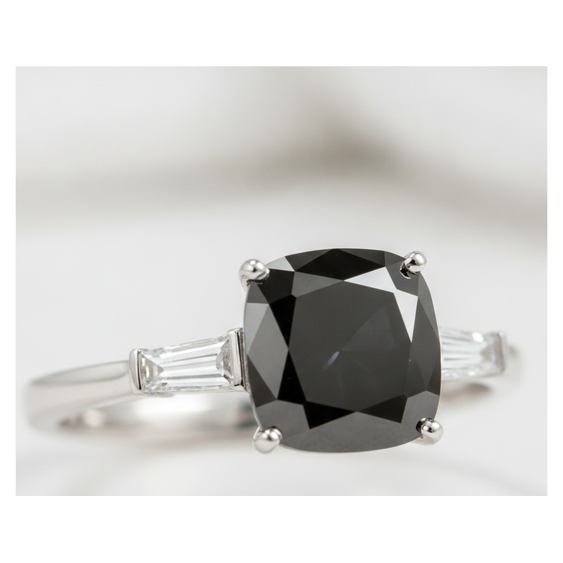 Anello di Fidanzamento a Tre Pietre con Diamante Scuro Autentico da 3,6 Carati Taglio a Cuscino e Baguette Nere in Oro Bianco 14K