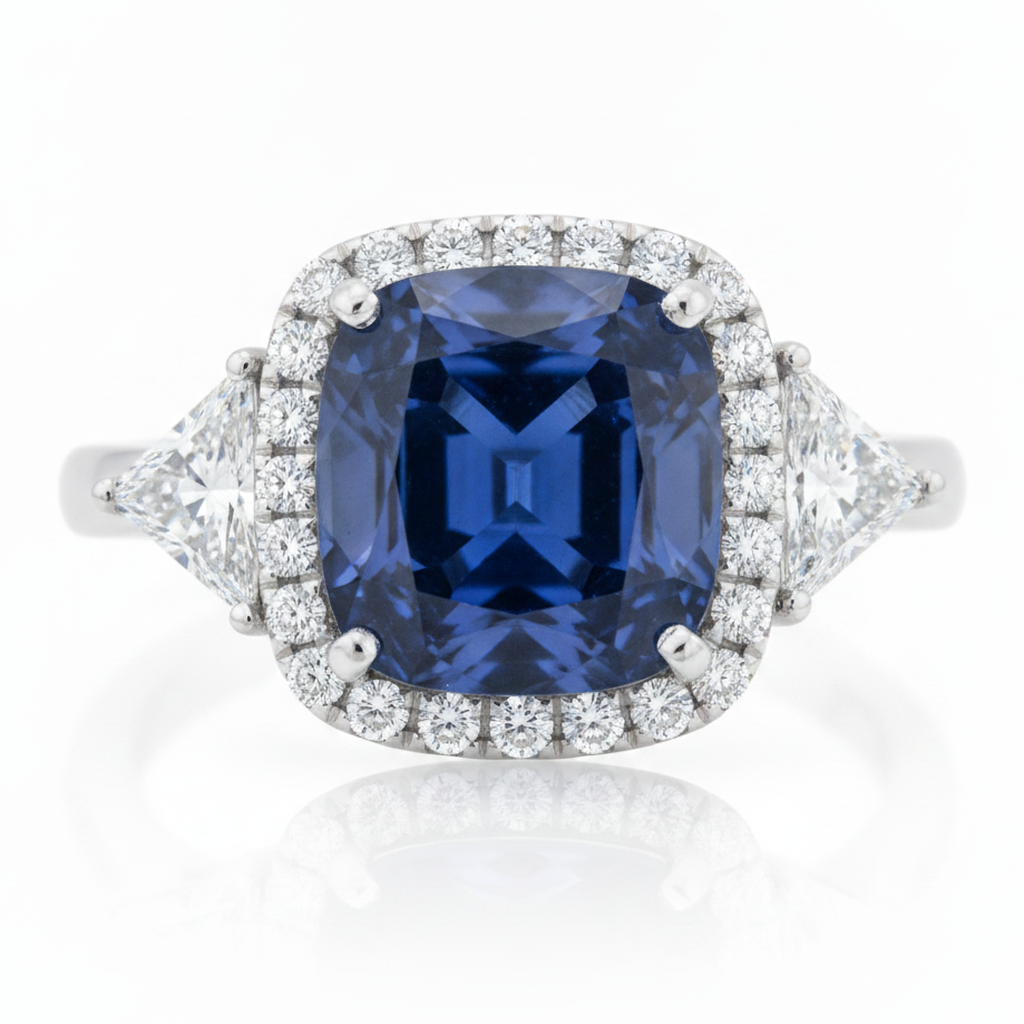 Anello di Fidanzamento Halo con Zaffiro Blu Naturale Taglio Cuscino da 3,5 Carati in Platino