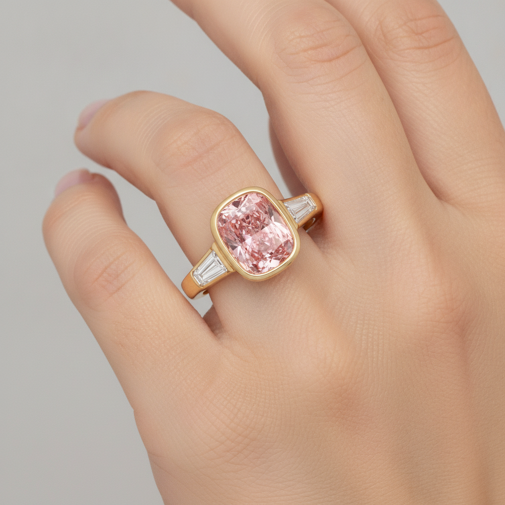 Anello a tre pietre in Oro Giallo 14K con zaffiro Padparadscha naturale pesca taglio cuscino da 3,9 carati e baguette bianchi con lunetta