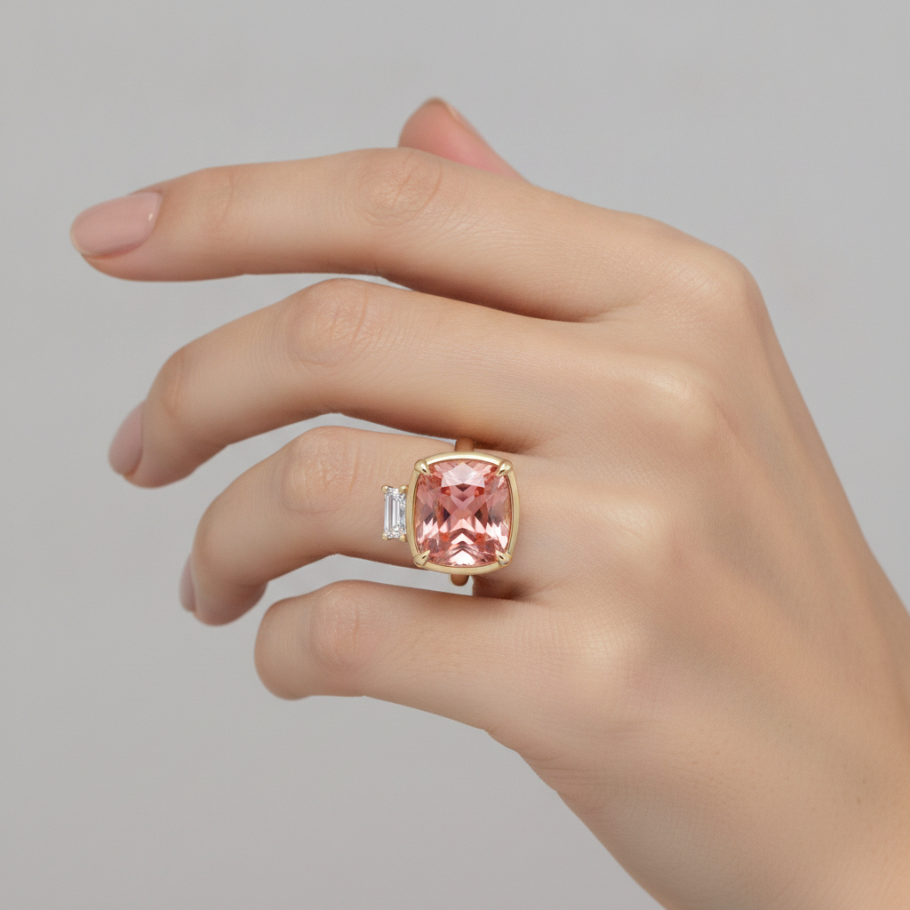 Anello a Tre Pietre in Oro Giallo 14K con Zaffiro Padparadscha Naturale Taglio Cuscino da 3,4 Carati e Diamanti Baguette Bianchi