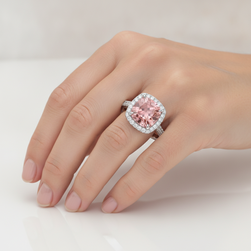 Anello Halo con Pavé in Oro Bianco 14K con Zaffiro Padparadscha Pesca Naturale Taglio Cuscino da 2,8 Carati