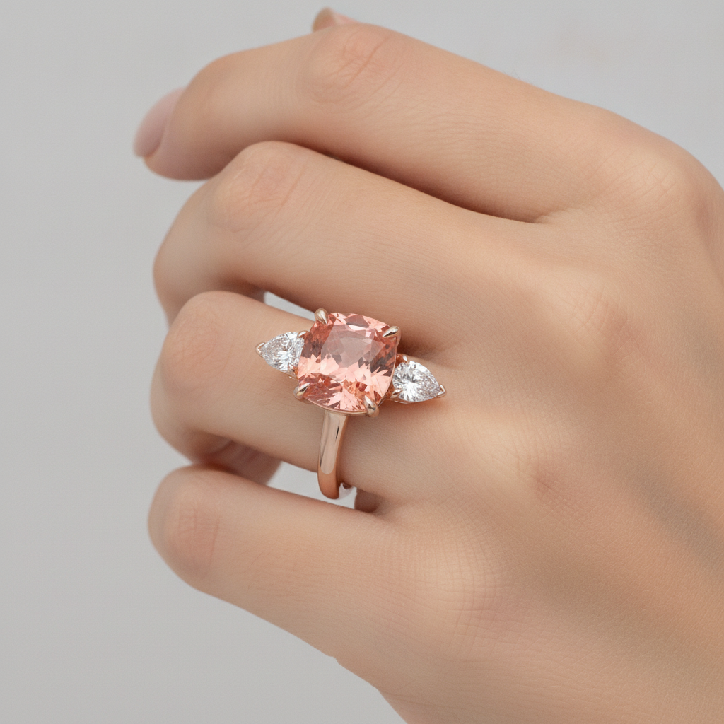 Anello di Fidanzamento con Zaffiro Padparadscha Naturale Taglio Cuscino da 2,9 Carati a Tre Pietre in Oro Rosa 14K Fascia Liscia