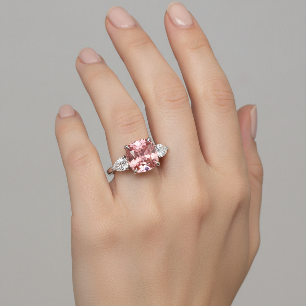 Anello a tre pietre con zaffiro Padparadscha naturale taglio cuscino da 3,6 carati in platino
