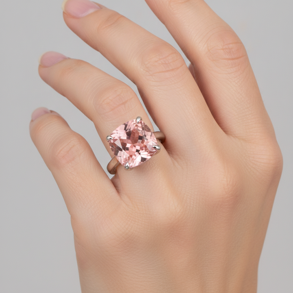 Anello di Fidanzamento Solitario a Cattedrale con Zaffiro Padparadscha Pesca Naturale da 3 Carati, Taglio a Cuscino, in Oro Bianco 14K