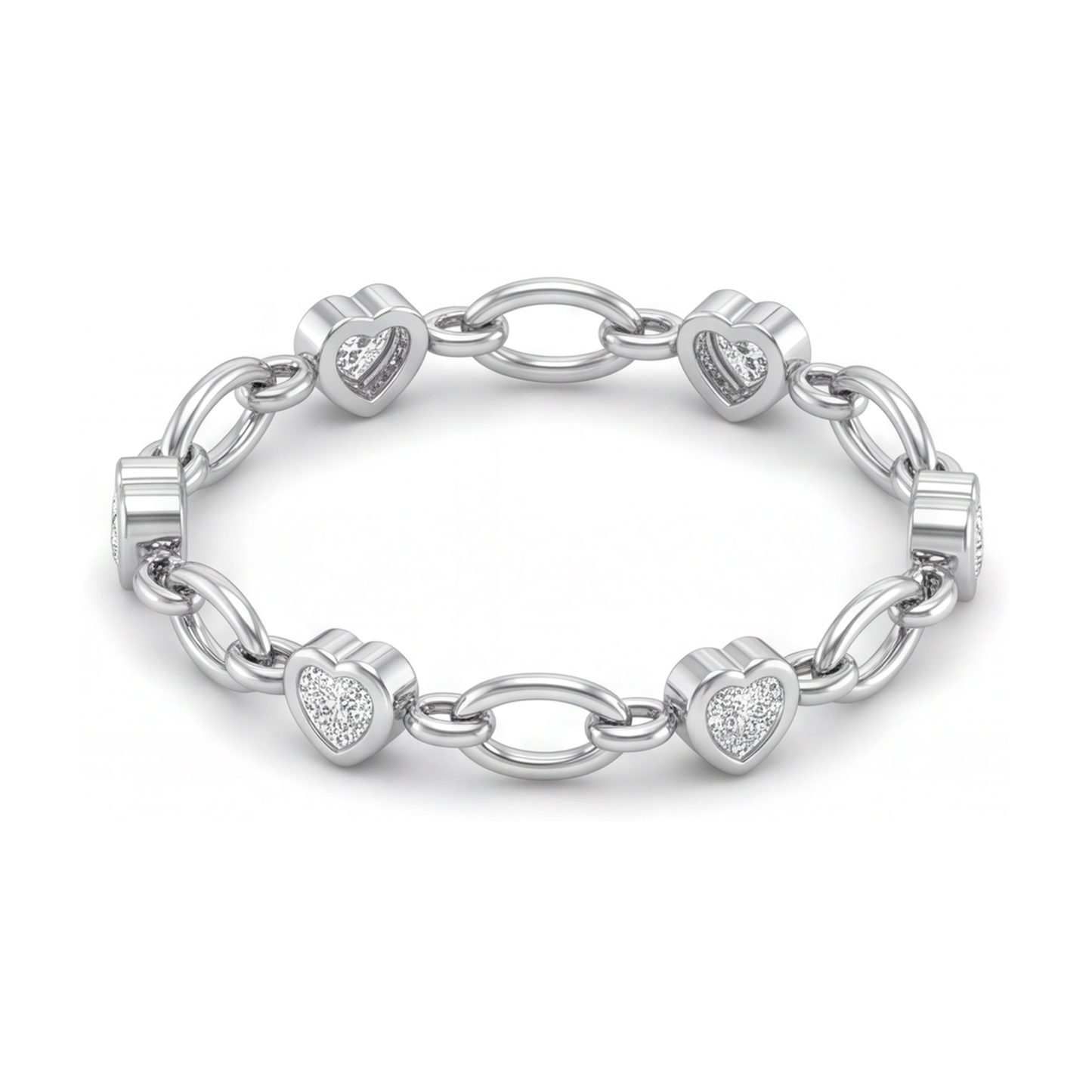 Bracciale a maglie ovali a stazioni con cuori di diamanti da laboratorio da 3 carati in Oro Bianco 14K, 7 pollici