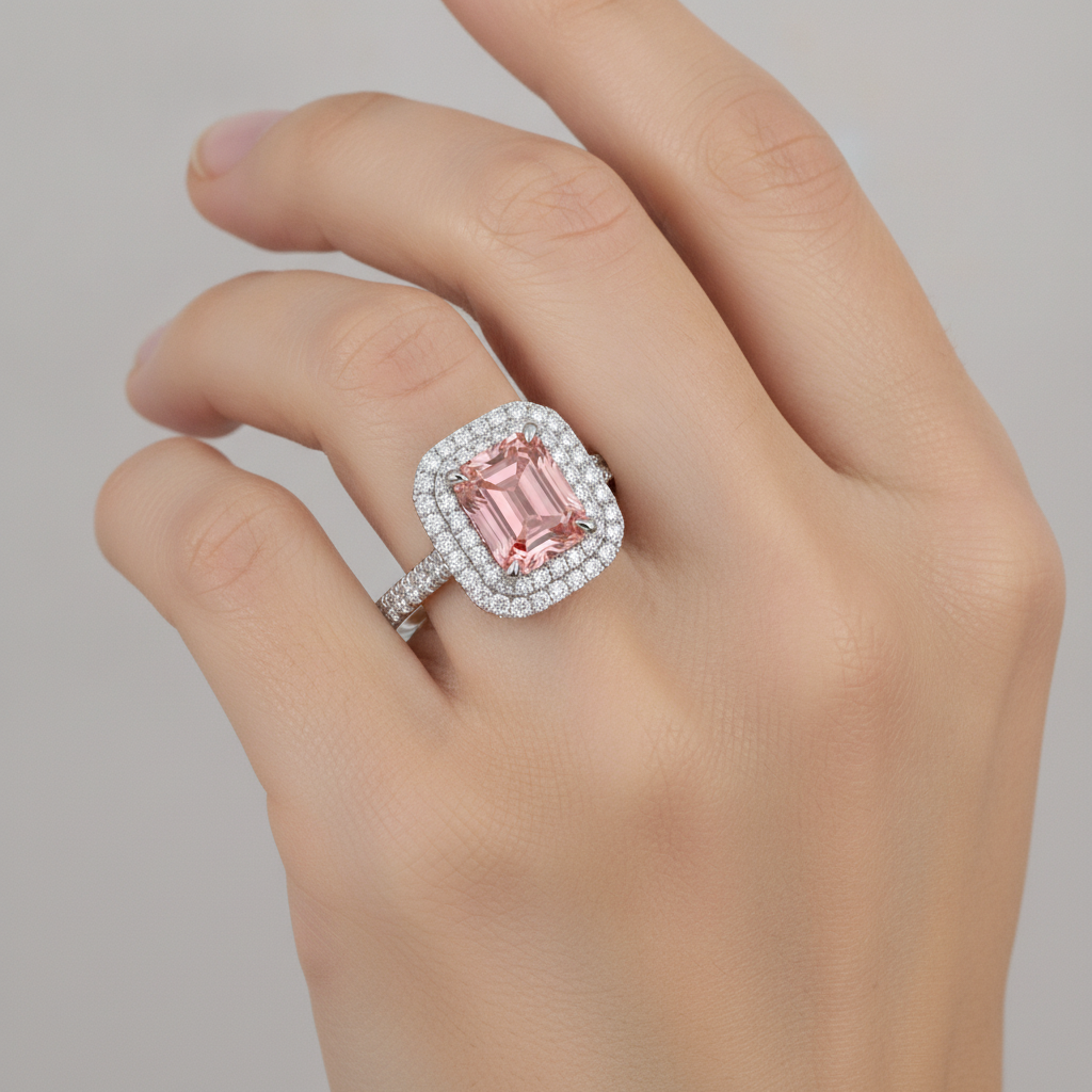 Anello con Zaffiro Padparadscha da 3,8 Carati e Doppio Halo di Smeraldi Naturali in Oro Bianco 14K