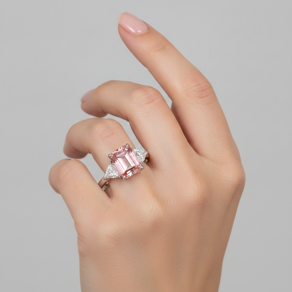 Anello a tre pietre in platino con zaffiro Padparadscha da 3,6 carati, vero smeraldo e trilliant bianco