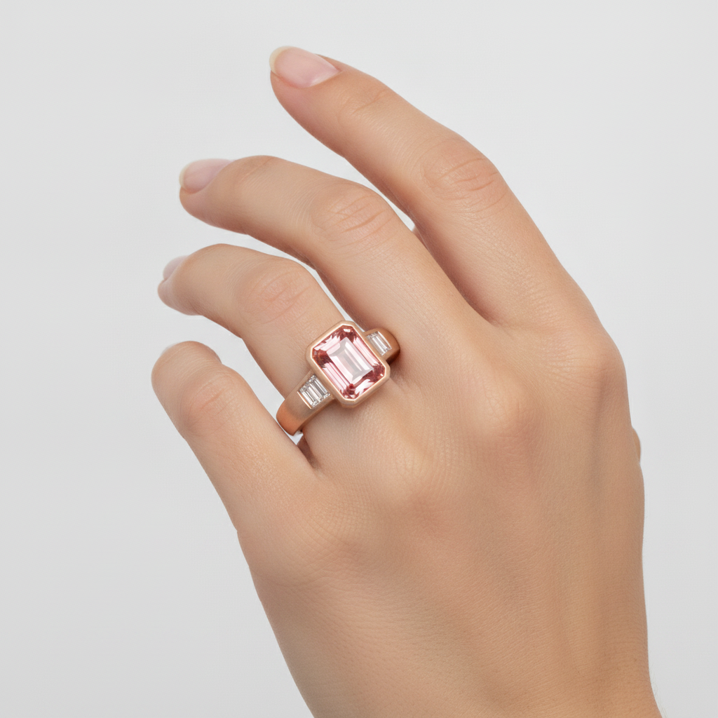Anello a tre pietre in Oro Rosa 14K con zaffiro Padparadscha arancione da 2,9 carati, vero smeraldo e baguette bianche, Lunetta