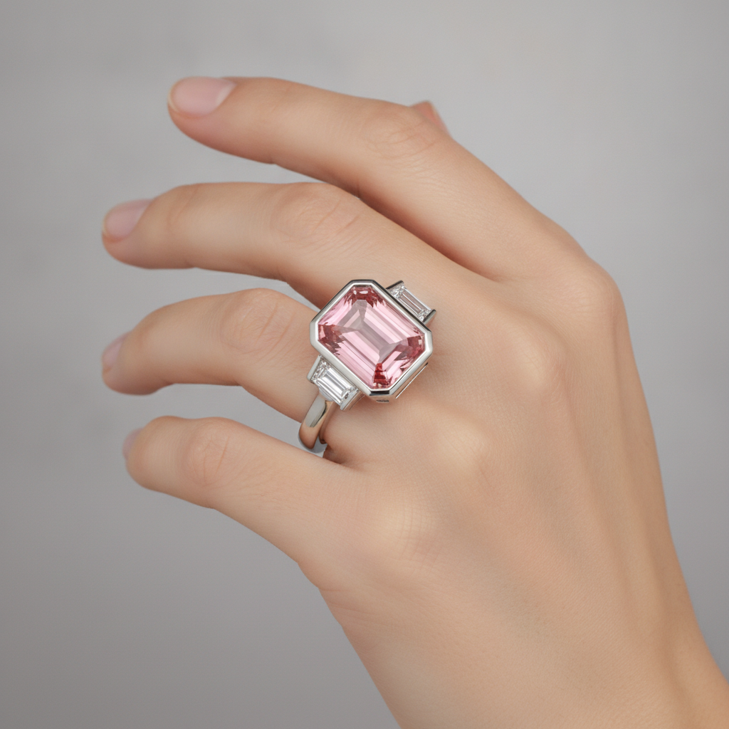 Anello di Fidanzamento Padparadscha da 3,9 Carati con Zaffiro Naturale Taglio Smeraldo e Baguette Bianche, Lunetta, a Tre Pietre in Oro 14K