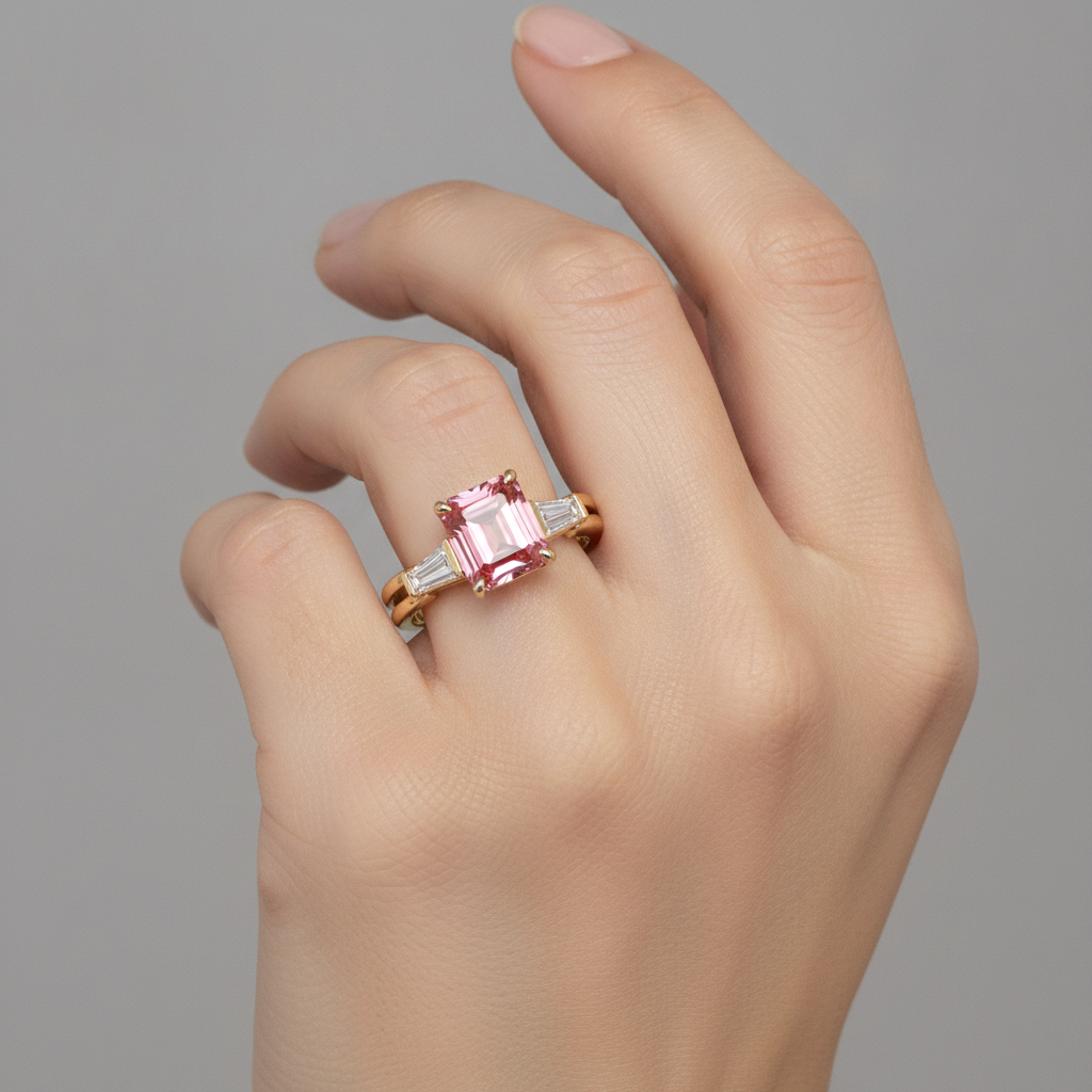 Anello a tre pietre in Oro Giallo 14K con zaffiro pesca Padparadscha autentico taglio smeraldo da 2,9 carati e baguette bianche