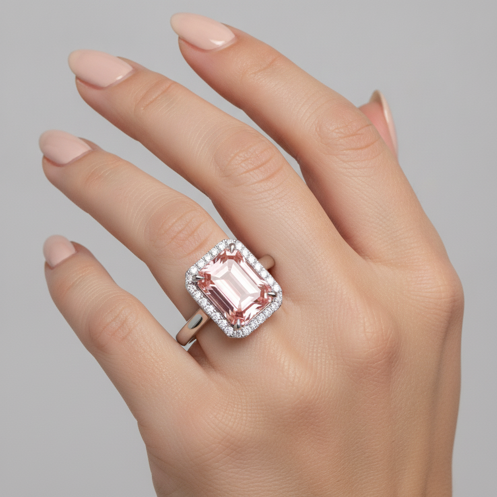 Anello di Fidanzamento con Zaffiro Pesca da 2,8 Carati, Vero Smeraldo, Halo Padparadscha in Oro Bianco 14K