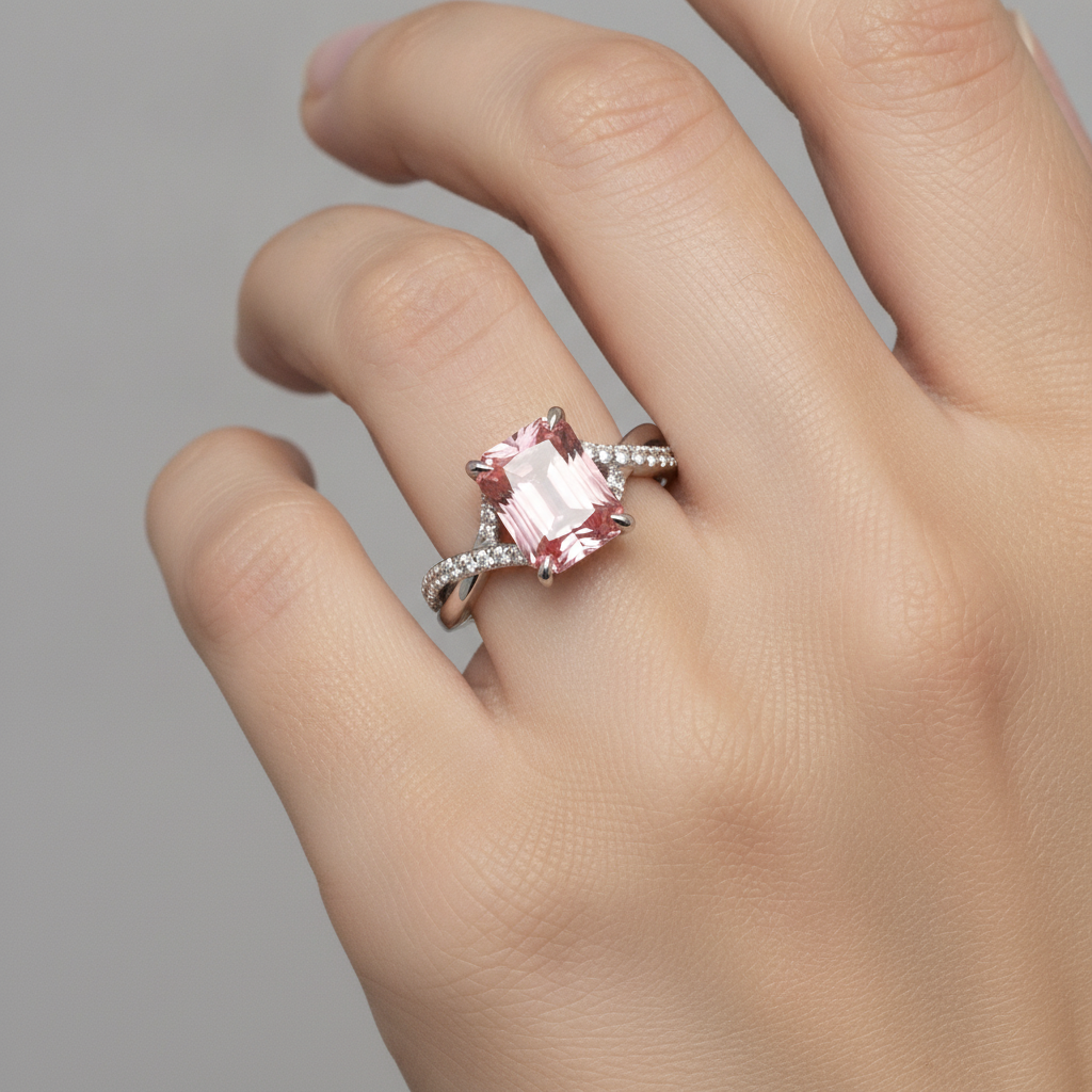 Anello bypass in Oro Bianco 14K con zaffiro padparadscha color pesca da 3,3 carati e smeraldo naturale