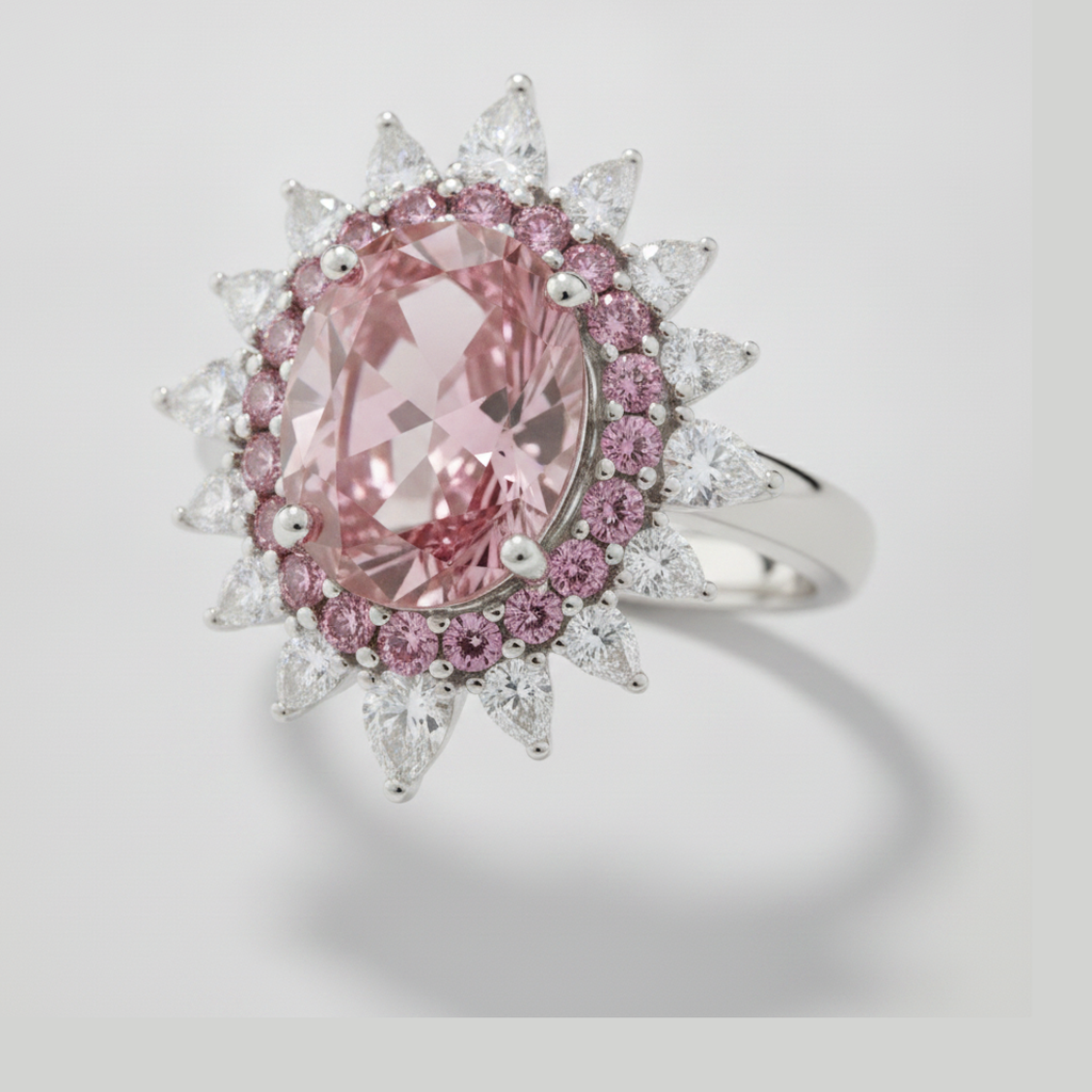Anello di Fidanzamento in Platino con Pietra Preziosa Rosa Ovale Autentica e Semi Halo di Diamanti Fantasia
