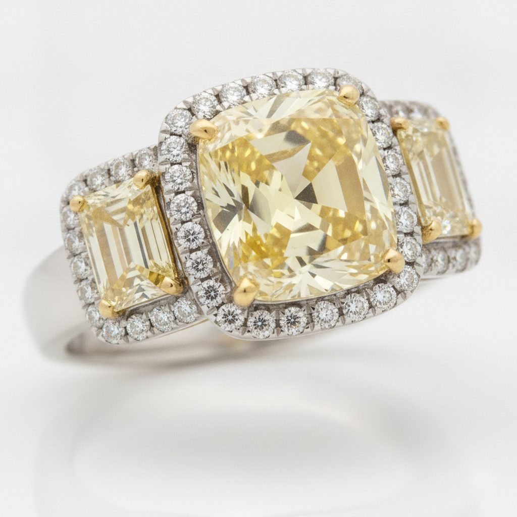 Anello di Fidanzamento con Pietra Preziosa Gialla da 2,07 Carati, Diamante Fantasia Autentico Taglio Cuscino, Halo e Trapezi a Tre Pietre in Platino