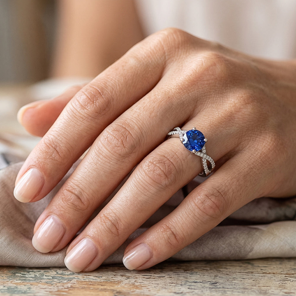 fede nuziale 1,35 ct Ceylon zaffiro diamante rotondo con oro bianco 14K