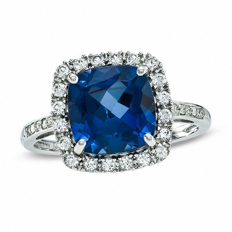 Zaffiro taglio cuscino con anello nuziale di diamanti 3 ct. Oro bianco 14K - harrychadent.it