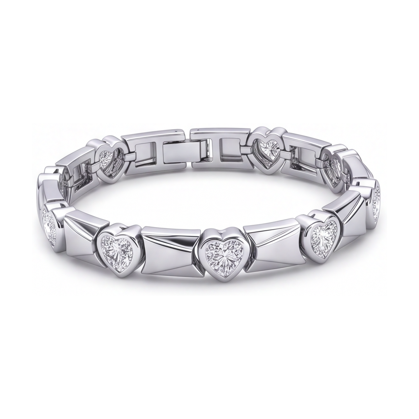 Bracciale con diamanti a cuore da laboratorio da 5 carati a maglie con barrette scanalate in Oro Bianco 14K, 7 pollici