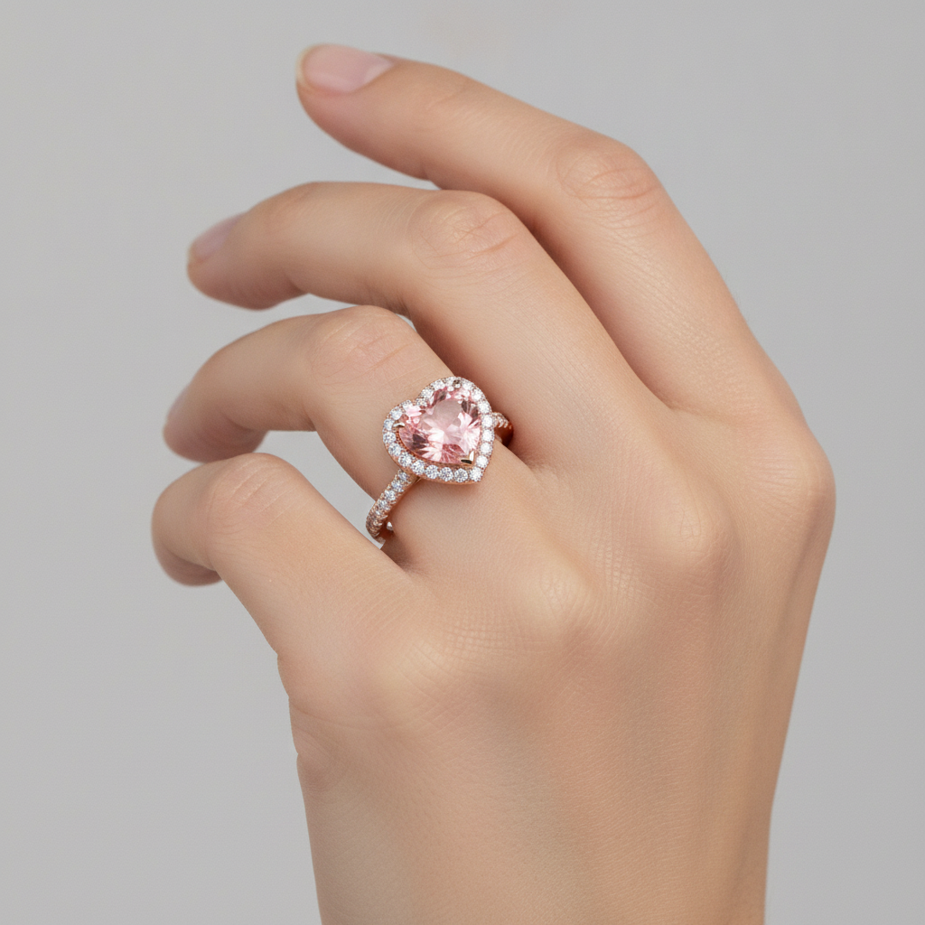 Anello con Zaffiro Padparadscha da Laboratorio da 3,8 Carati a Cuore con Halo e Gambo Sdoppiato in Oro Rosa 14K