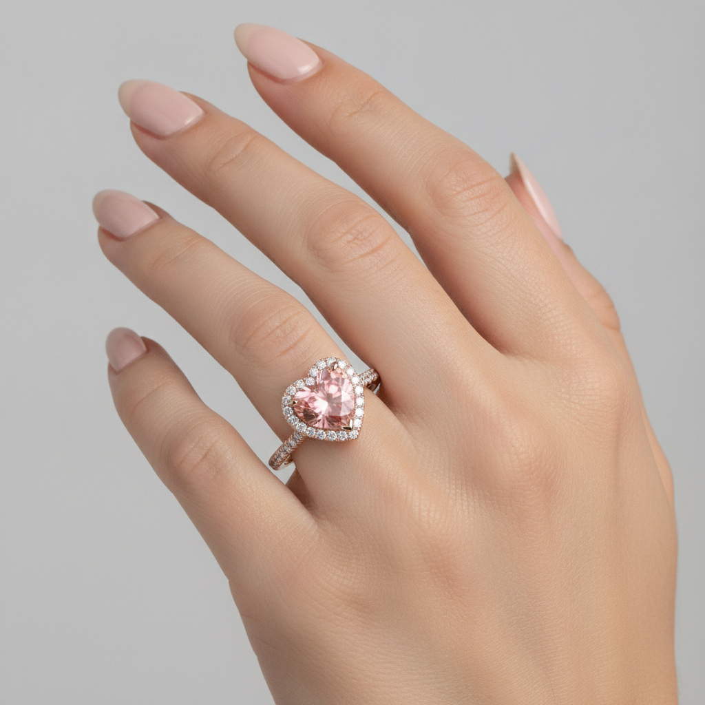 Anello con zaffiro Padparadscha da 2,3 carati con halo a cuore autentico in oro rosa 14K