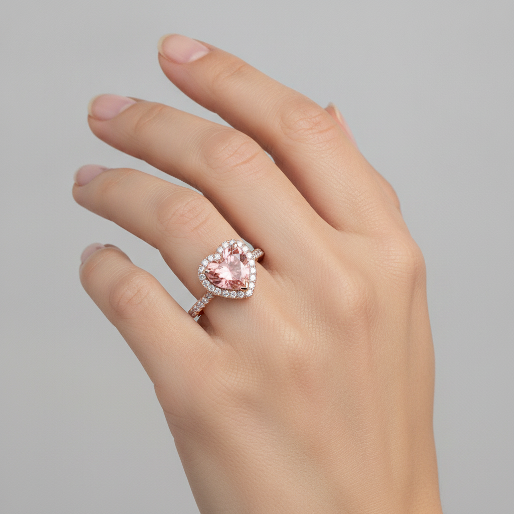 Anello Halo con Zaffiro Padparadscha Naturale a Cuore da 2,3 Carati in Oro Rosa 14K