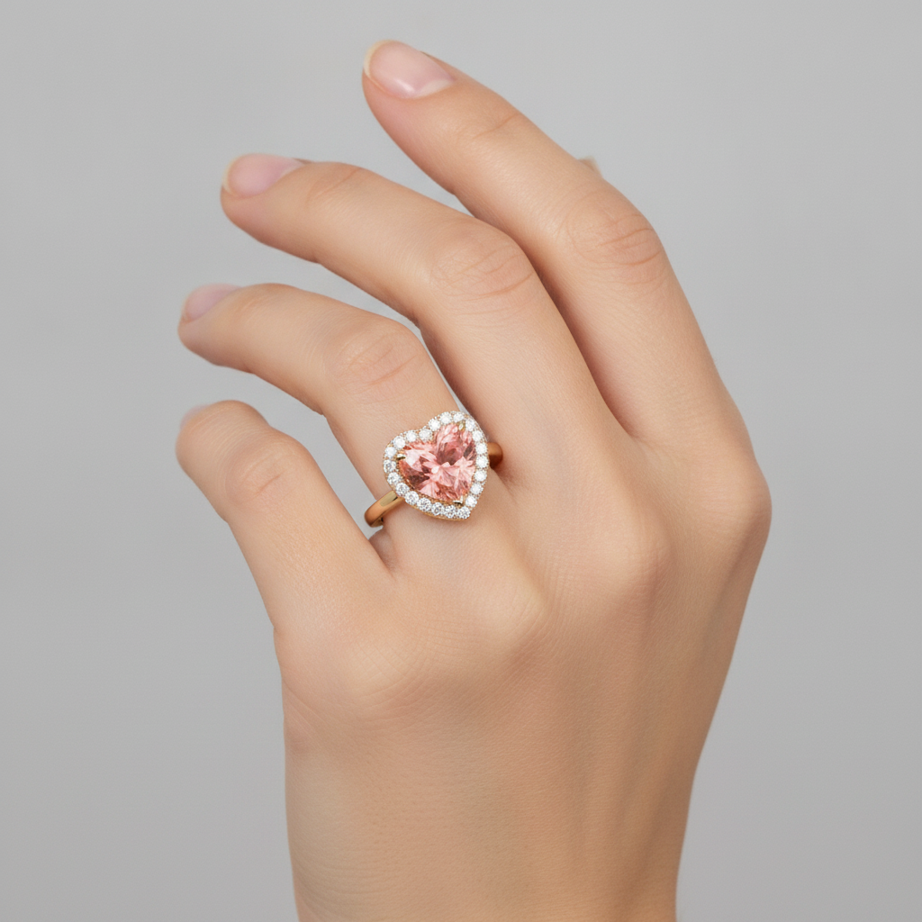 Anello di Fidanzamento con Zaffiro Padparadscha Autentico da 2,8 Carati Halo a Cuore in Oro Giallo 14K