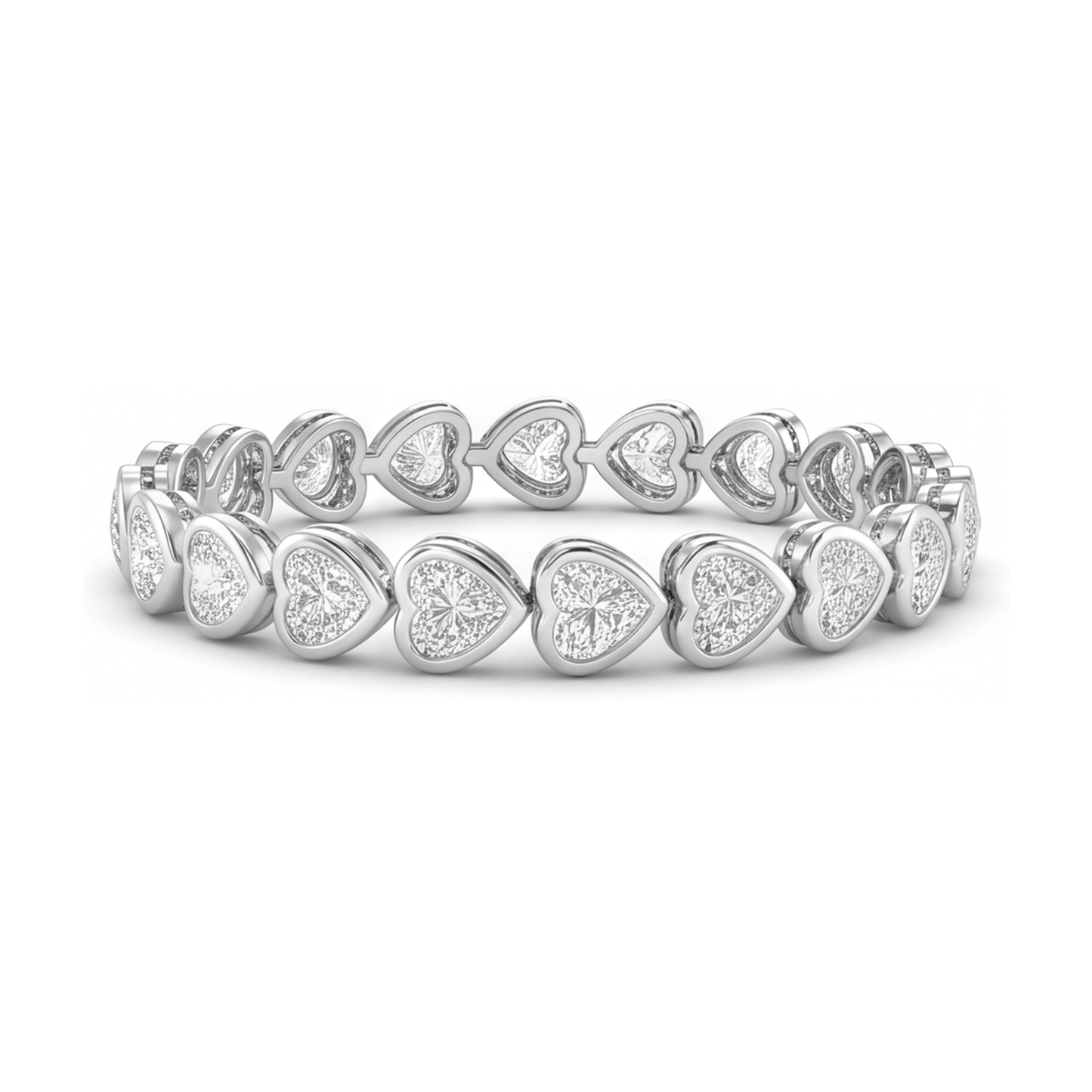 Bracciale Tennis con Diamanti da Laboratorio 8 Carati, Lunetta a Cuore, Oro Bianco 14 Carati, 7 Pollici