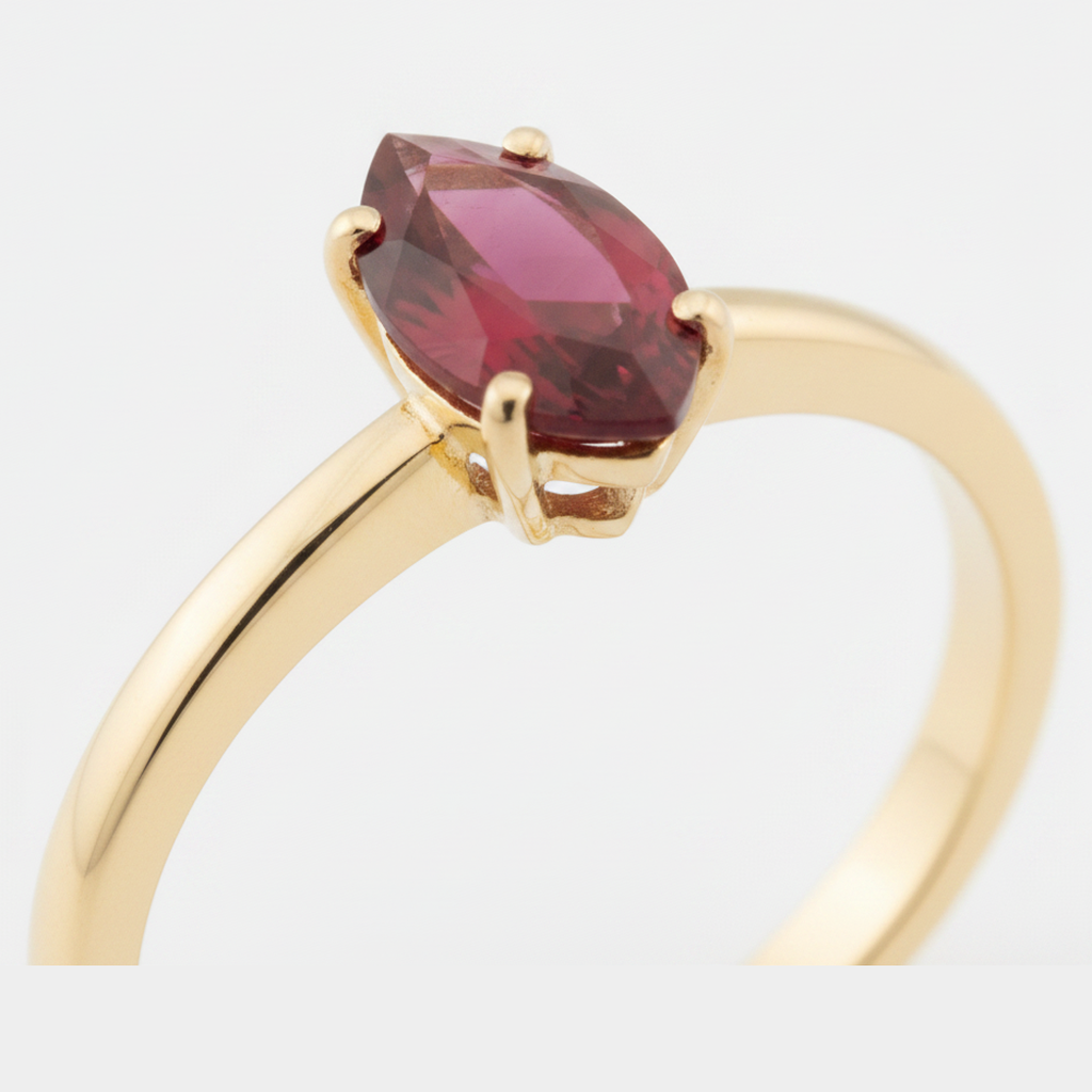 Anello Solitario in Oro 18 Carati con Rubino Birmano Naturale Taglio Marquise da 1,5 Carati