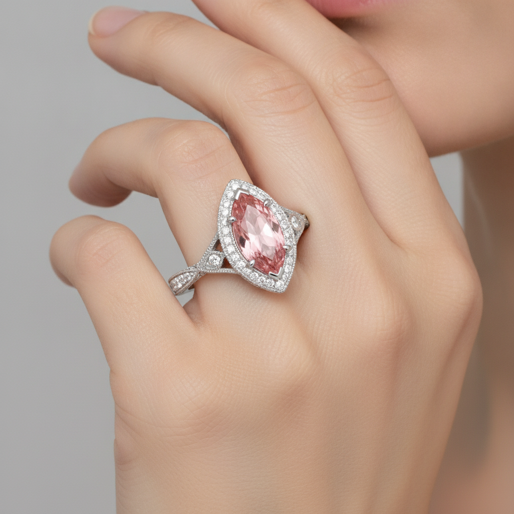 Anello con Zaffiro Pesca Padparadscha Naturale Taglio Marquise da 2,3 Carati Halo Gambo Sdoppiato in Oro Bianco 14K