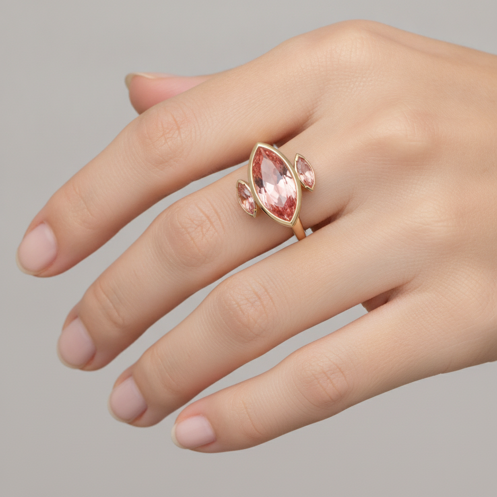 Anello di Fidanzamento a Tre Pietre con Zaffiro Padparadscha Pesca Naturale Taglio Marquise da 3 Carati, Lunetta in Oro Giallo 14 Carati