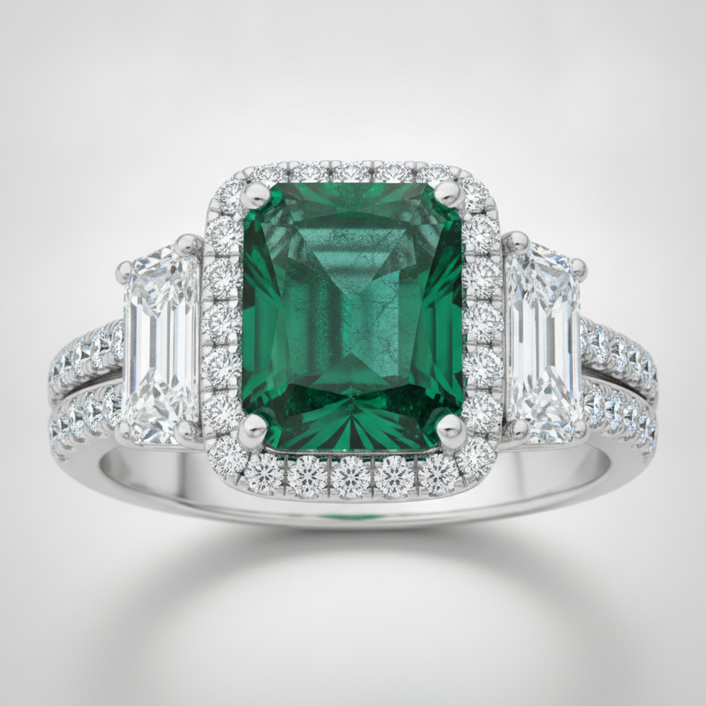 Anello di fidanzamento a tre pietre in platino con smeraldo naturale Muzo Halo taglio Cadillac