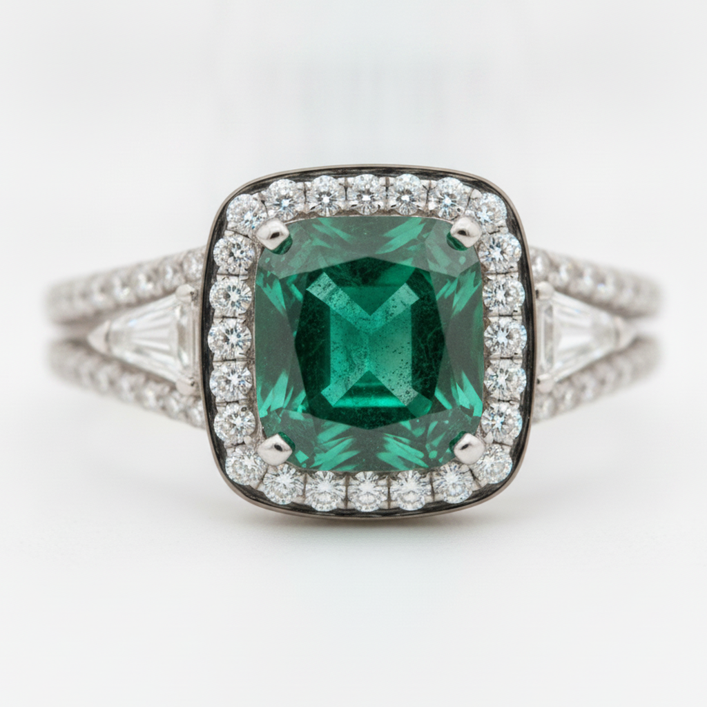 Anello di Fidanzamento Taglio Smeraldo 2,64 Carati Muzo Naturale a Doppio Gambo in Oro Bianco 18K