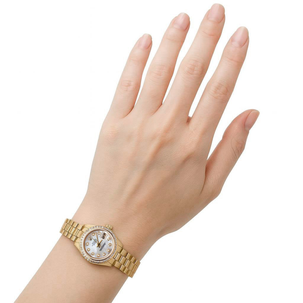 orologio presidenziale Rolex da donna lunetta in madreperla presidente oro giallo P1