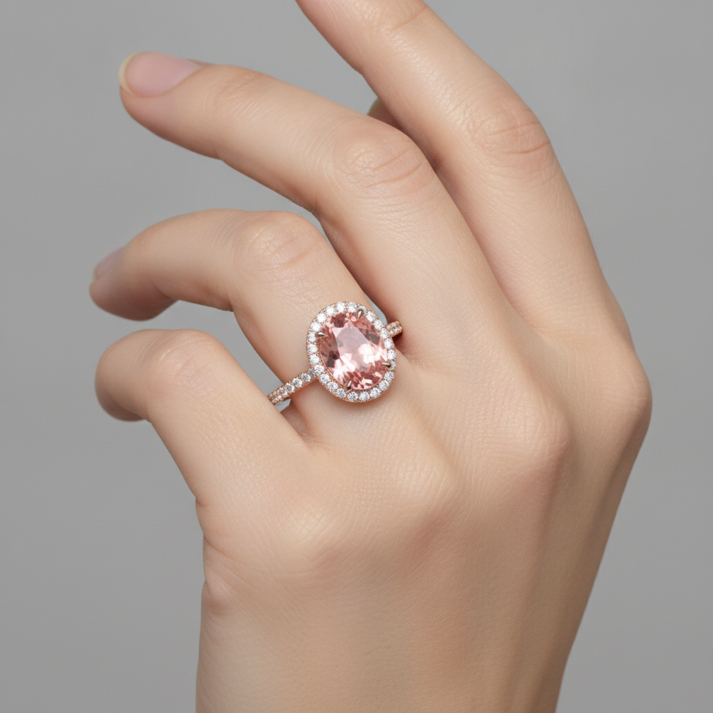 Anello d'epoca con autentico zaffiro Padparadscha da 2,8 carati, Halo ovale e pavé in Oro Rosa 14 carati