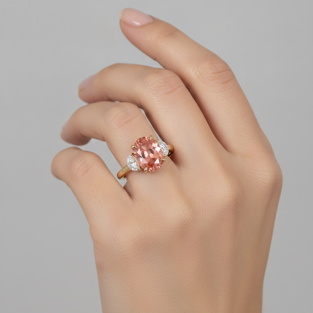 Anello a tre pietre in Oro Giallo 14K con zaffiro Padparadscha ovale naturale color pesca da 2,9 carati e mezze lune bianche