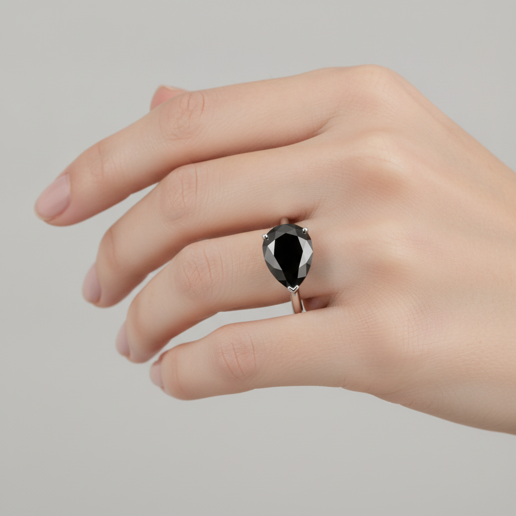 Gioielli con Diamante Nero - Anello Solitario a Goccia Autentico da 5 Carati in Oro Bianco 14 Carati