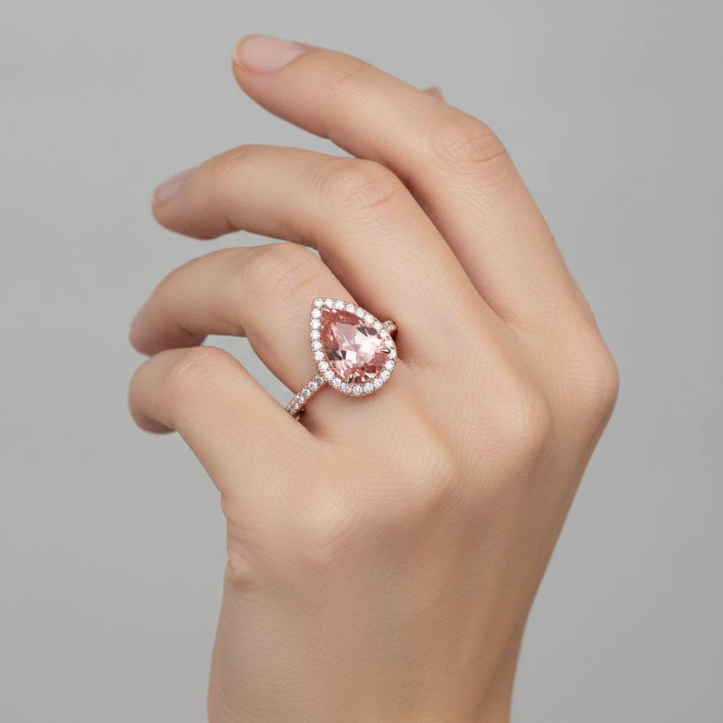 Anello Halo Pavé in Oro Rosa 14K con Zaffiro Padparadscha Pesca Naturale a Goccia da 2,8 Carati