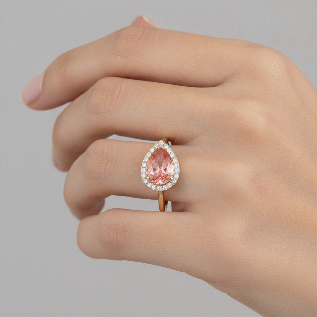 Anello Halo con Zaffiro Padparadscha Rosa Naturale Taglio a Goccia da 2,8 Carati Gambo Liscio in Oro Giallo 14K