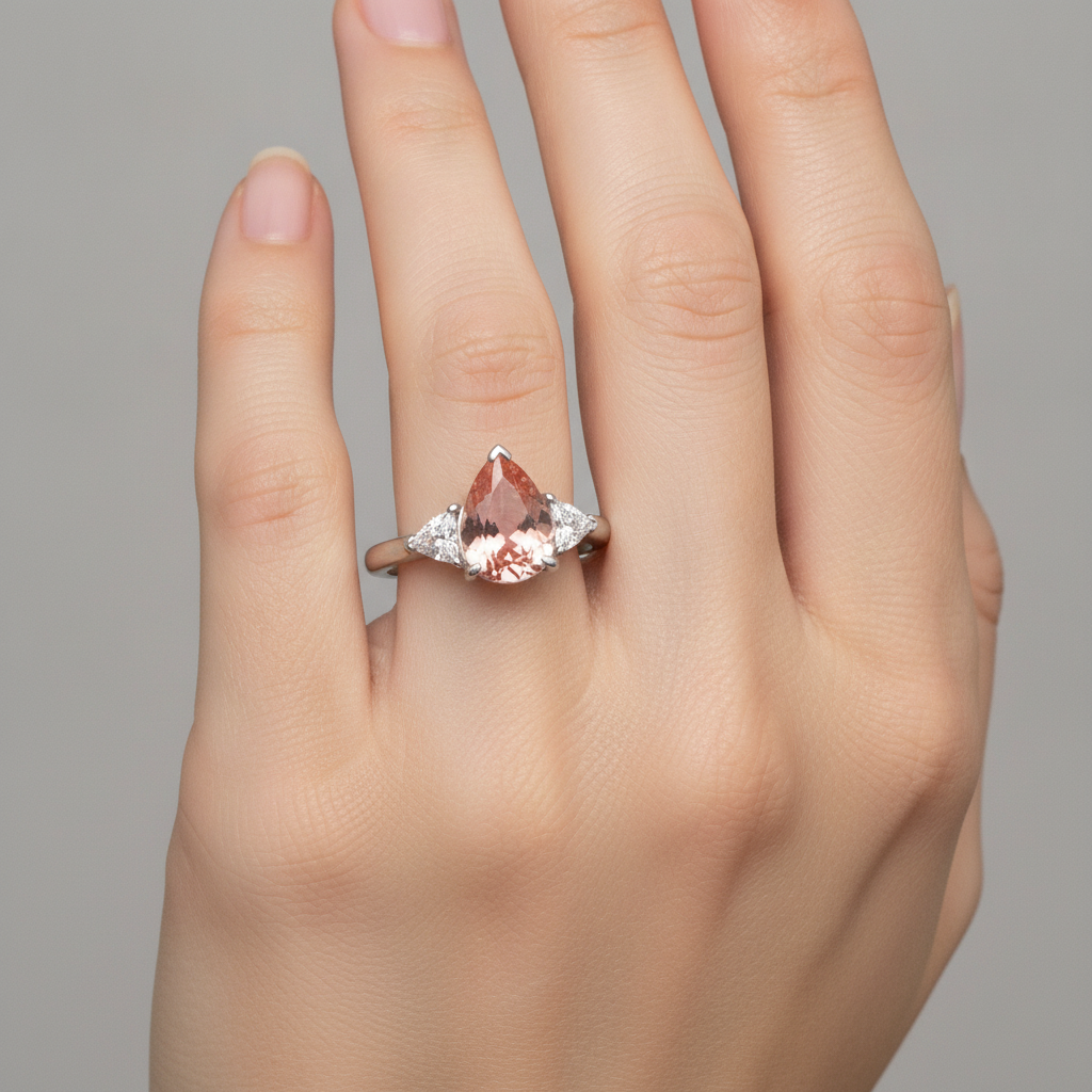 Anello di Fidanzamento a Tre Pietre con Zaffiro Padparadscha Naturale a Goccia da 2,9 Carati e Trilliant Bianchi in Oro 14K